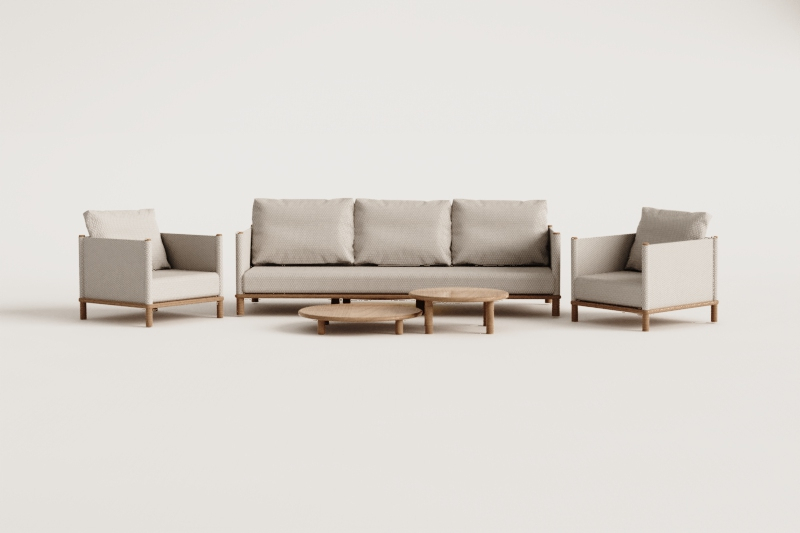 Living room set with 3-seater sofa, 2 armchairs, and 2 round acacia wood coffee tables Olivia