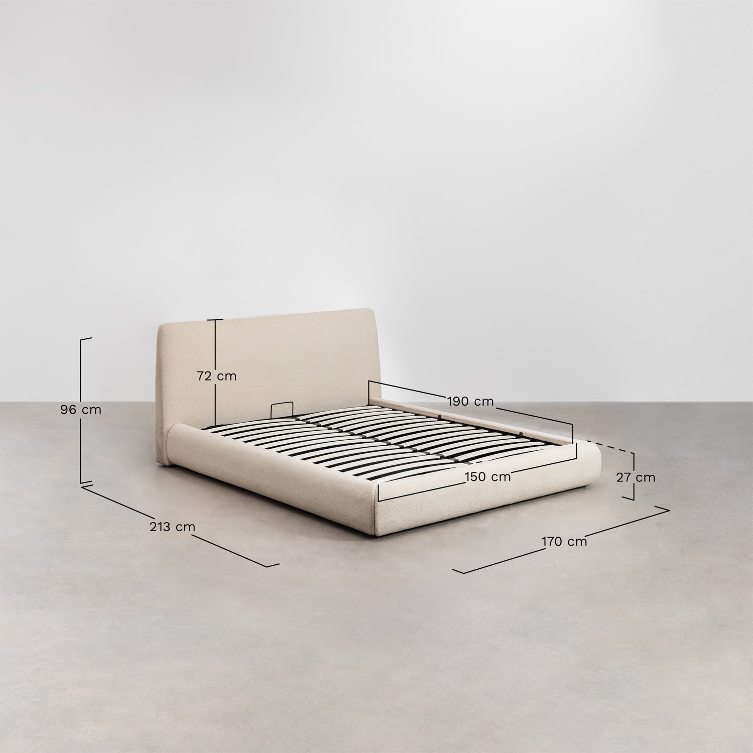 Norena upholstered bed with lift-up storage base, medidas