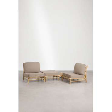 Isendra Bamboo Garden Set With 2 Armchairs, Ottoman, And 75x75 Cm Square Coffee Table Mocha Brown Fabric - Sklum