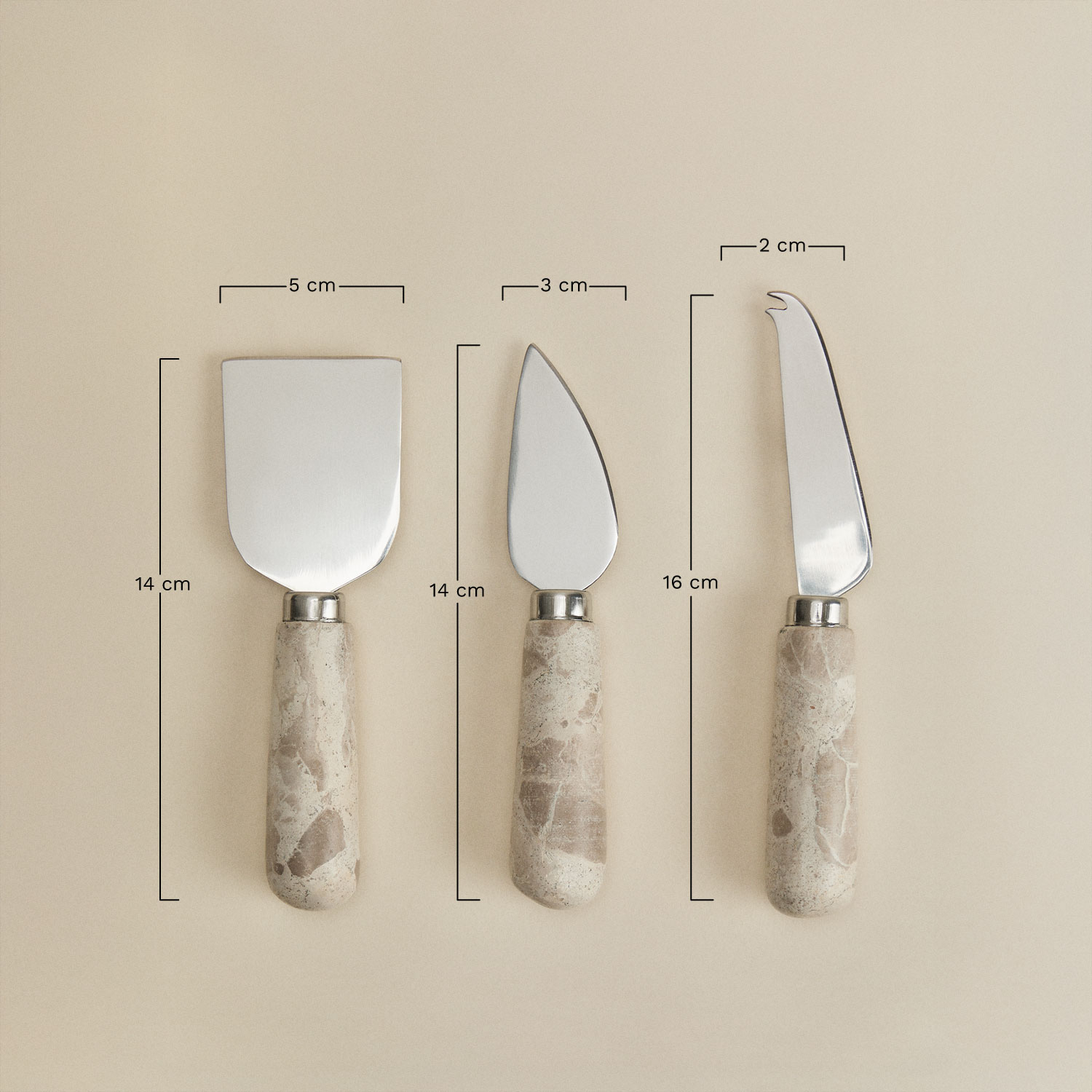 Set of 3 cheese knives in marble and steel Calven, medidas