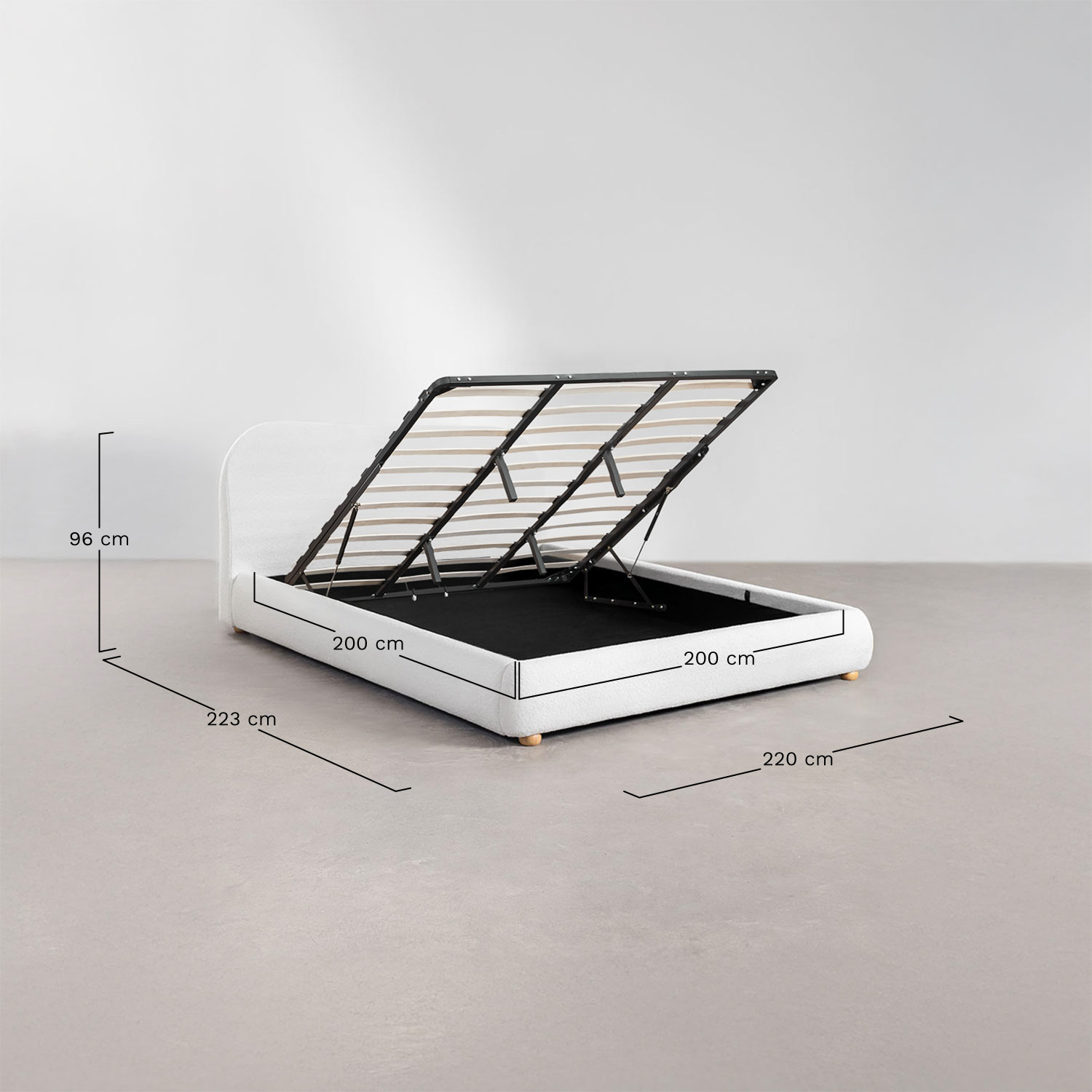 Winselet upholstered bed with lift-up storage base, medidas