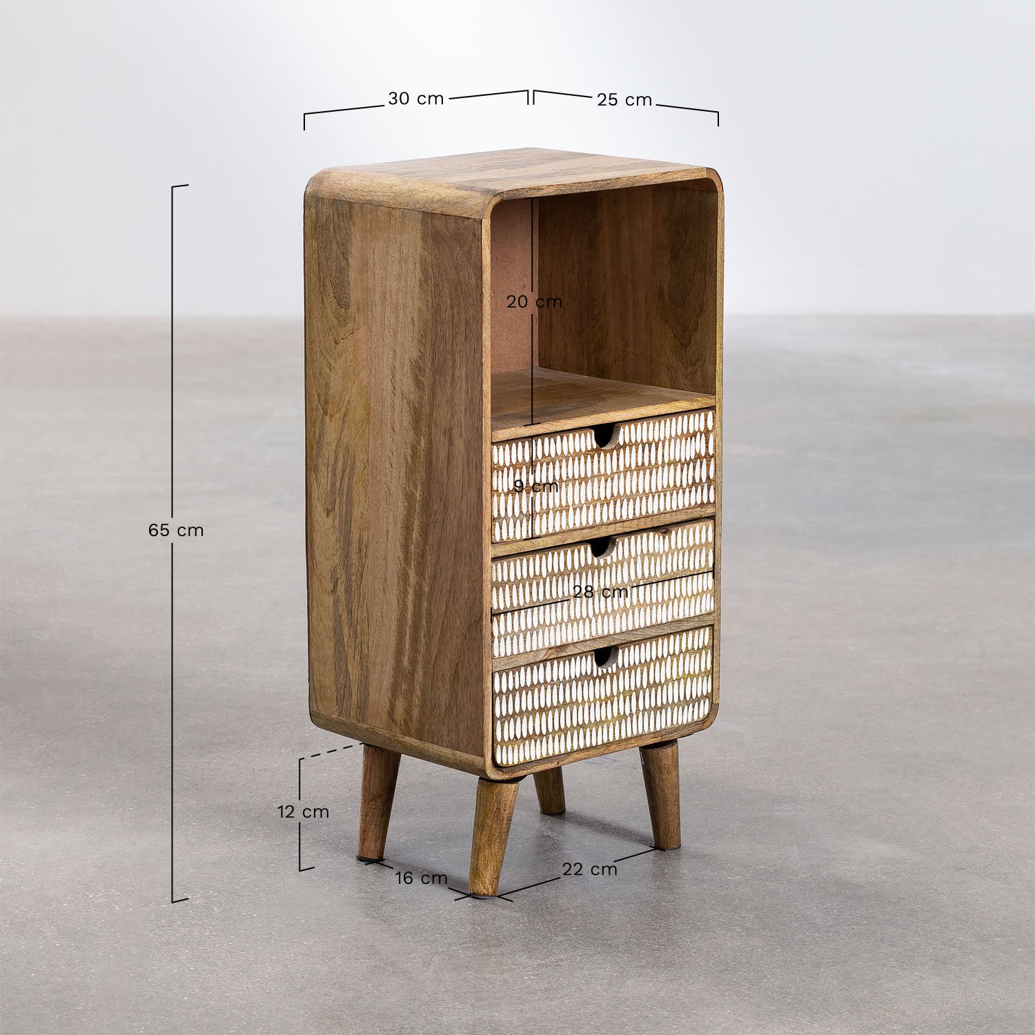 Pack of 2 rectangular 30x25 cm bedside tables in Yulara mango wood, medidas