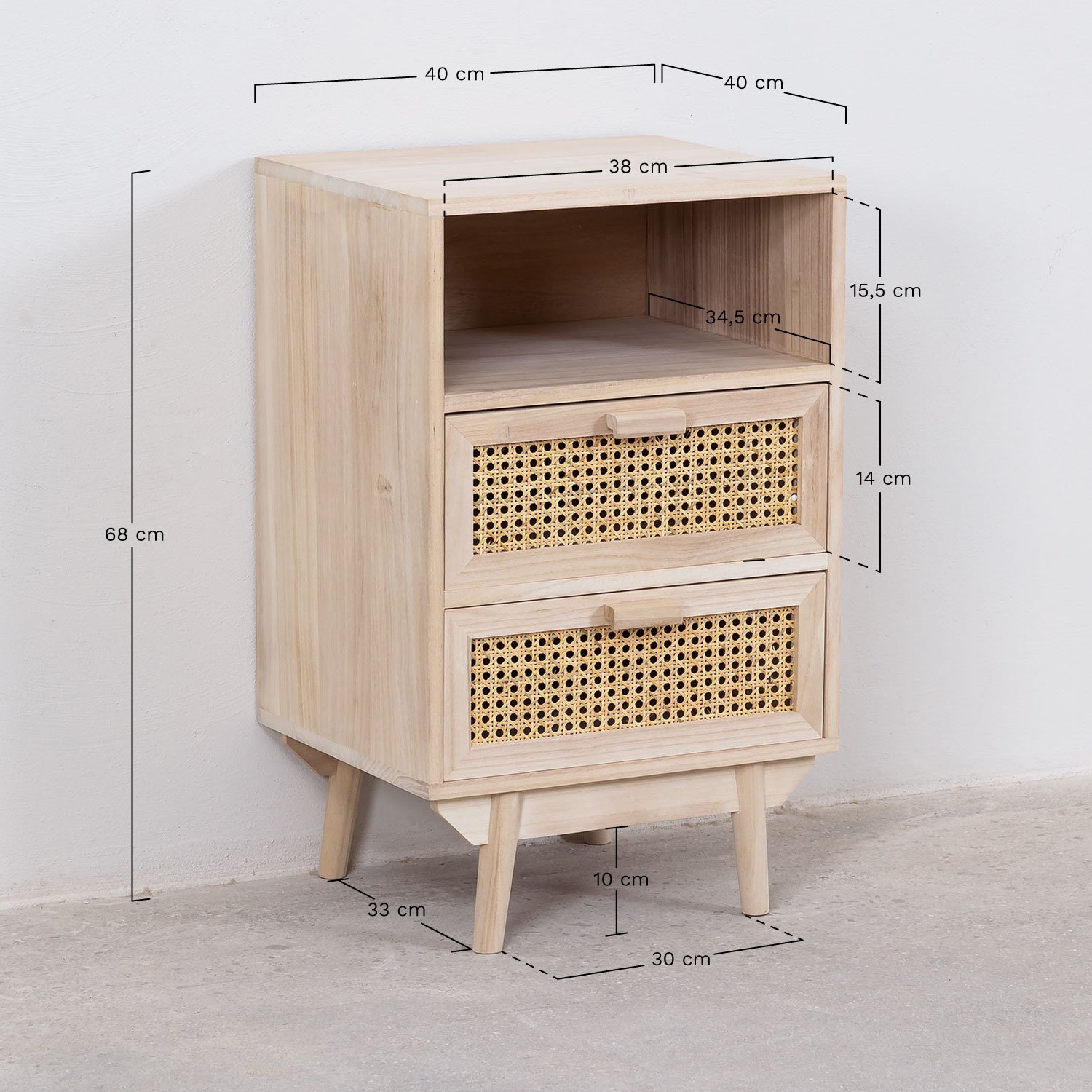 Pack of 2 square 40x40 cm wooden bedside tables with storage Ralik, medidas