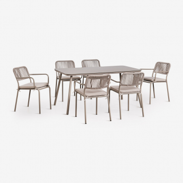 Rectangular Dining Table Set 160x90 Cm With 6 Stackable Dining Chairs In Braided Rope Arhiza Moka Brown - Sklum