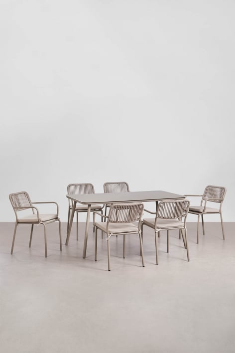 Rectangular dining table set 160x90 cm with 6 stackable dining chairs in braided rope Arhiza