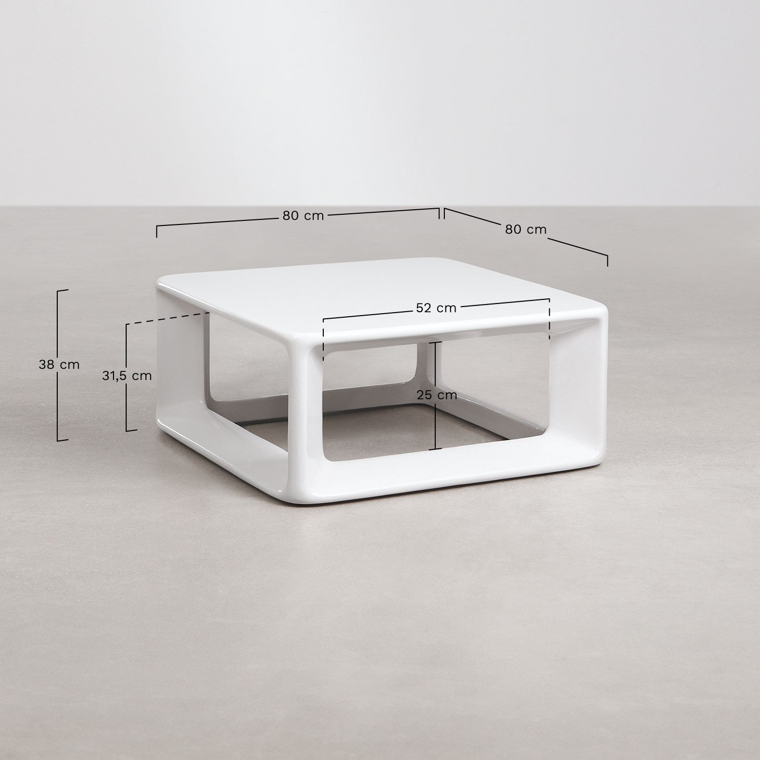 Lilou square coffee table 80x80 cm in cement and fiberglass, medidas