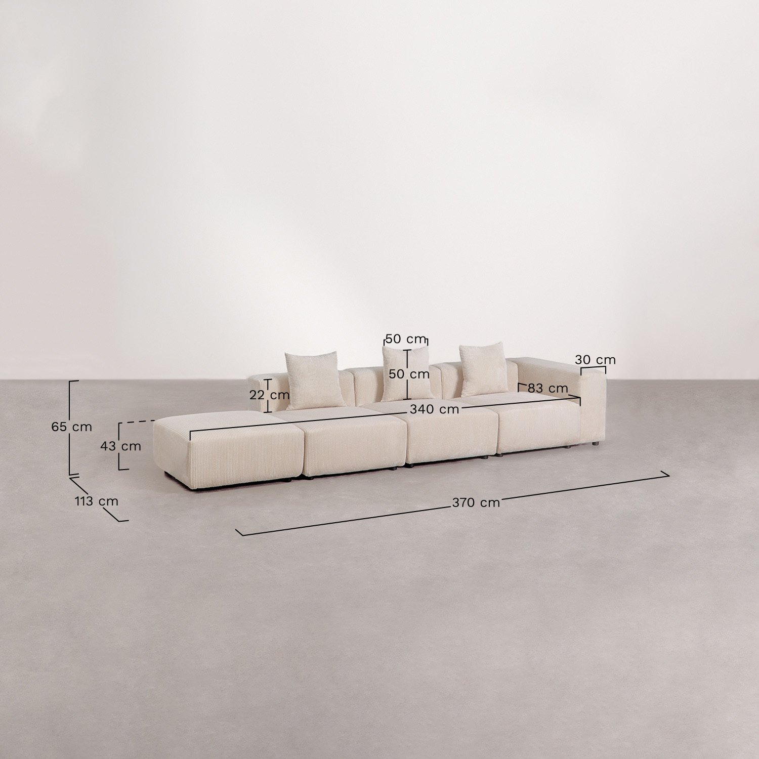 3-piece right corner modular sofa with high armrest and ottoman (↔︎370 cm) Bruna, medidas