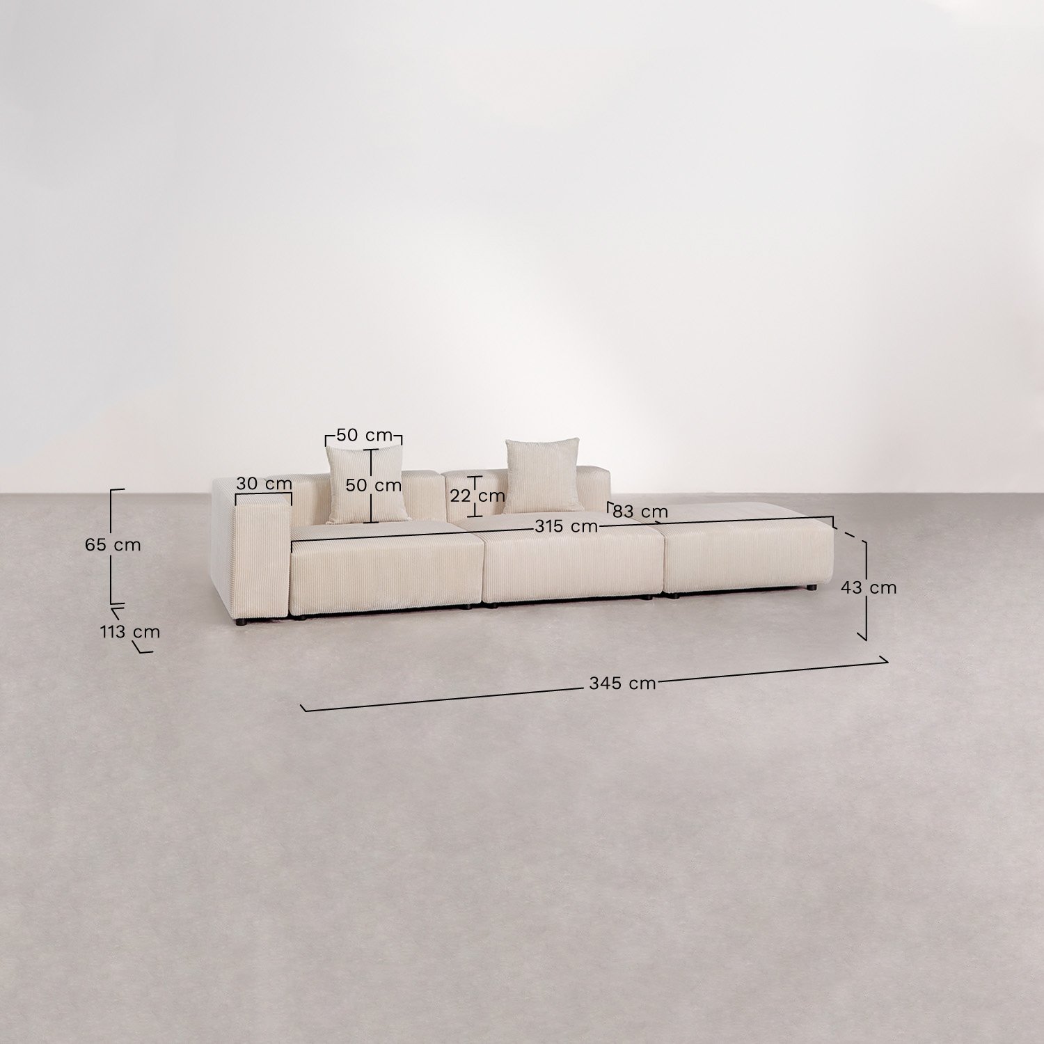 2-piece left corner modular sofa with high armrest and ottoman ↔︎345 cm Bruna, medidas