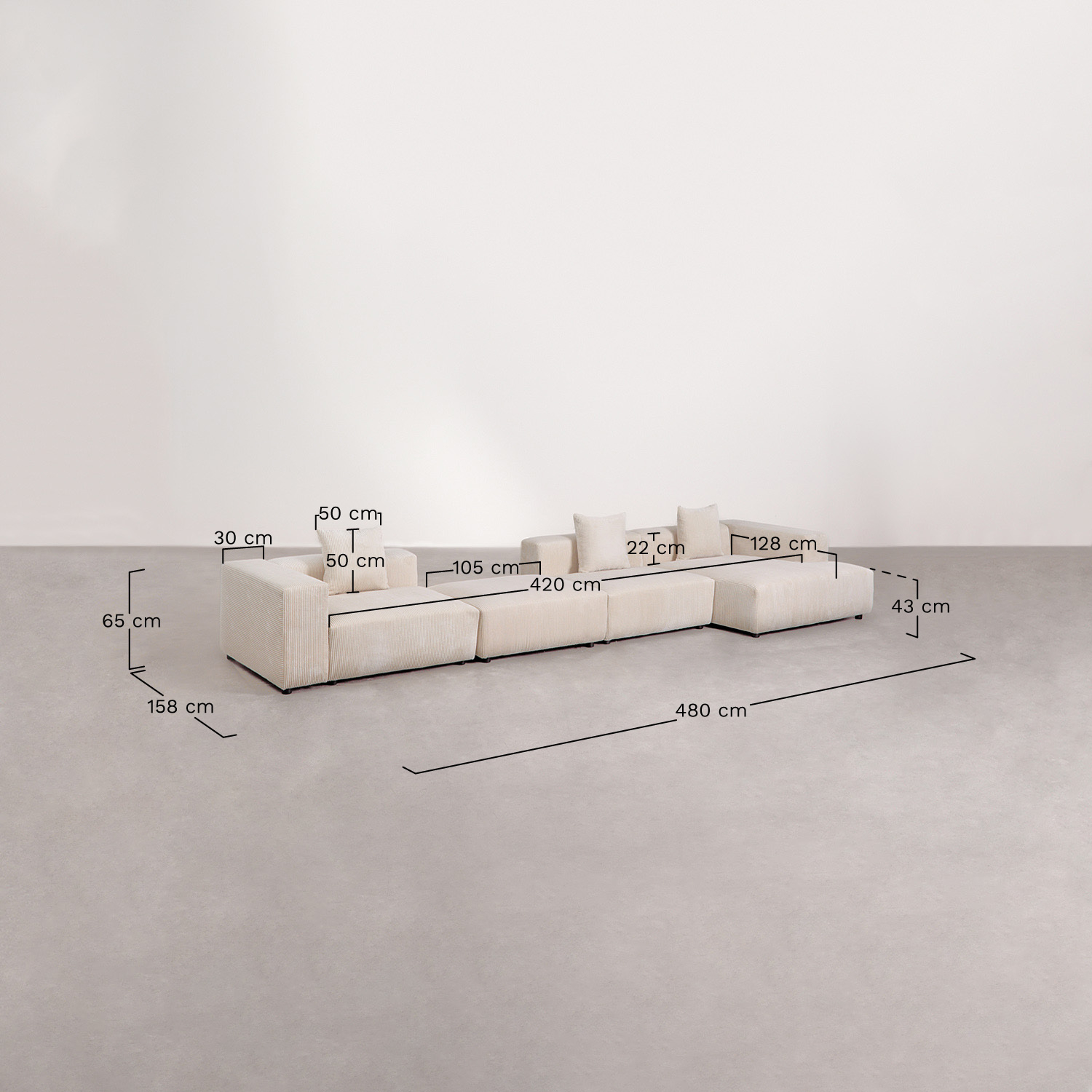 3-piece right chaise longue modular sofa with high armrest and pouf ↔︎480 cm Bruna, medidas