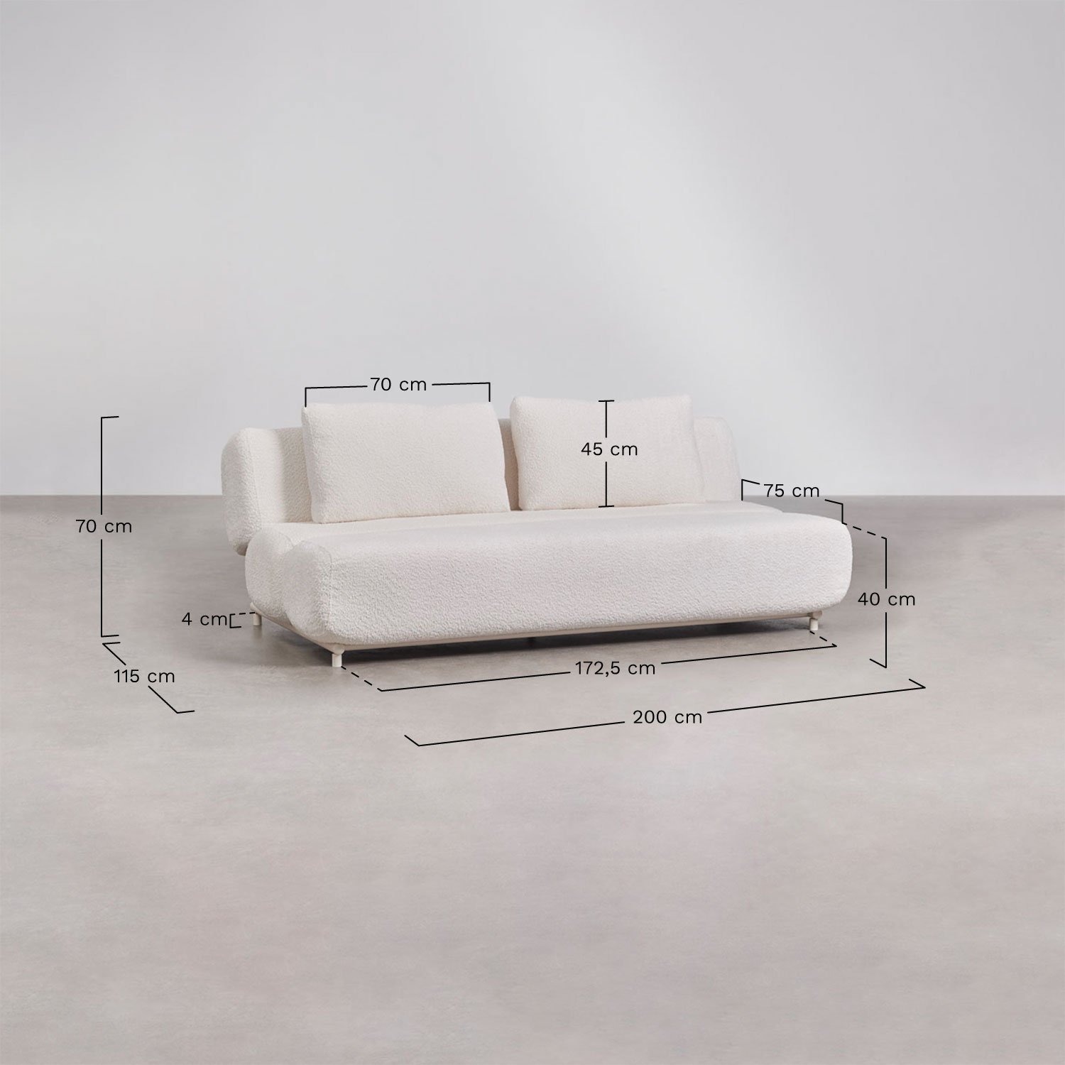 3-seater sofa bed in Miami bouclé fabric, medidas