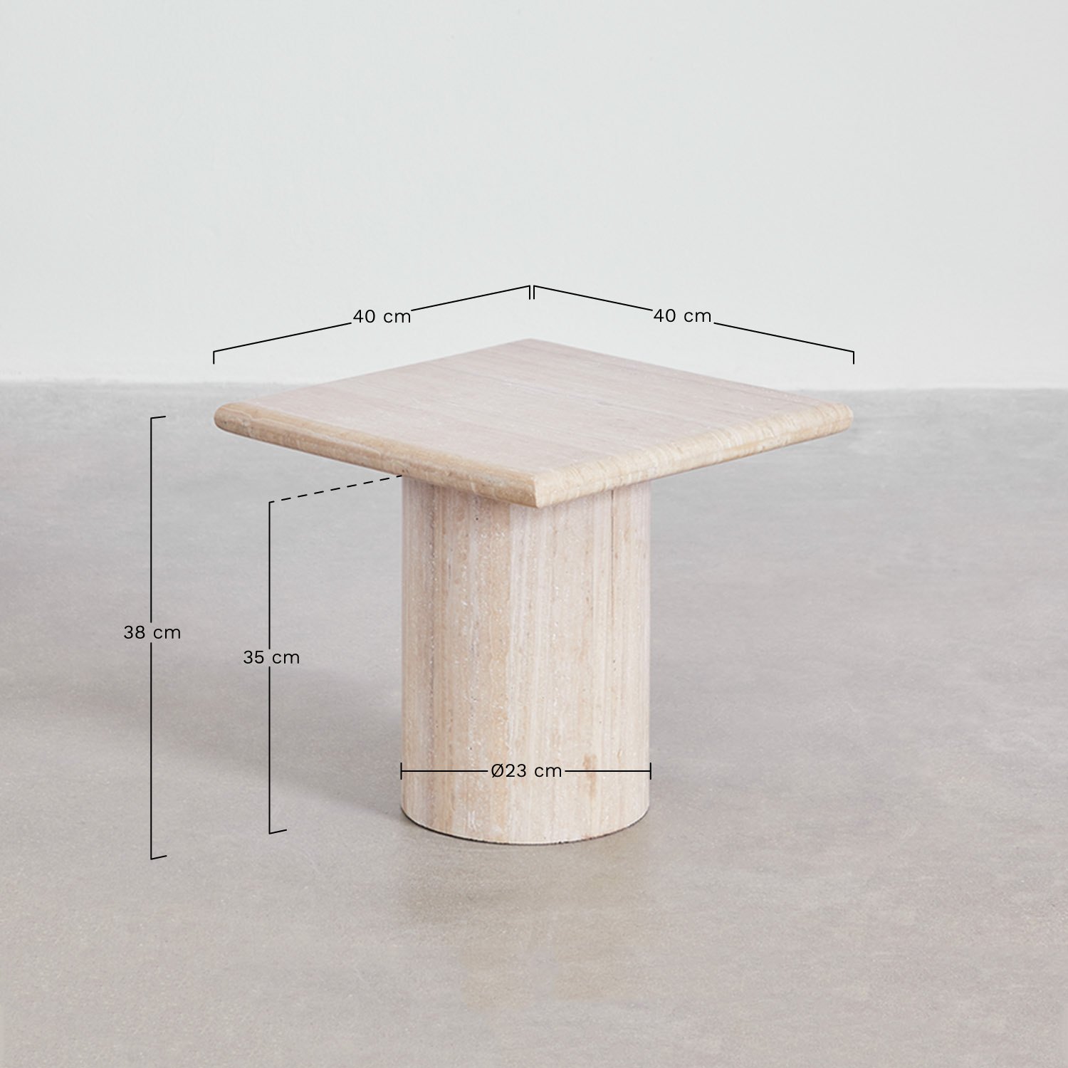 Lausanne travertine square side table, medidas
