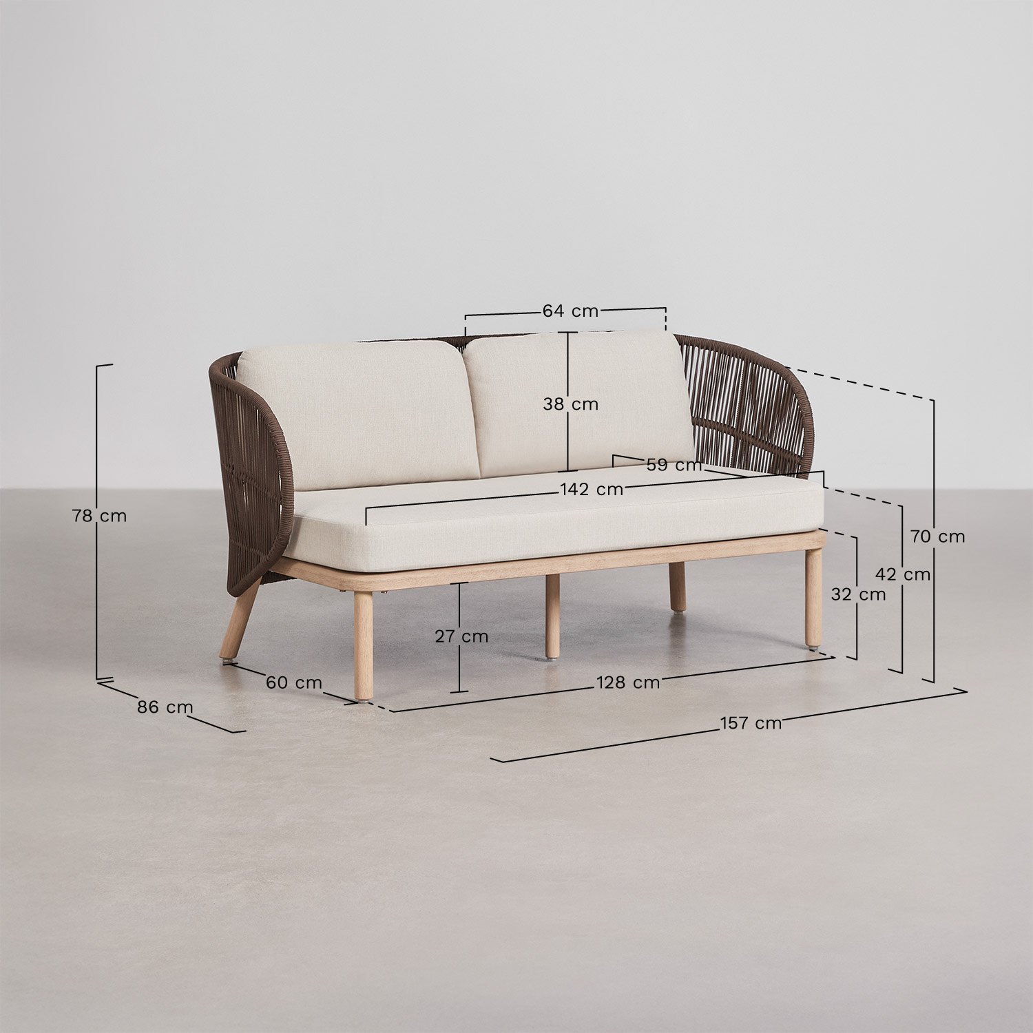 Capri 2-seater garden sofa in acacia wood and braided rope, medidas