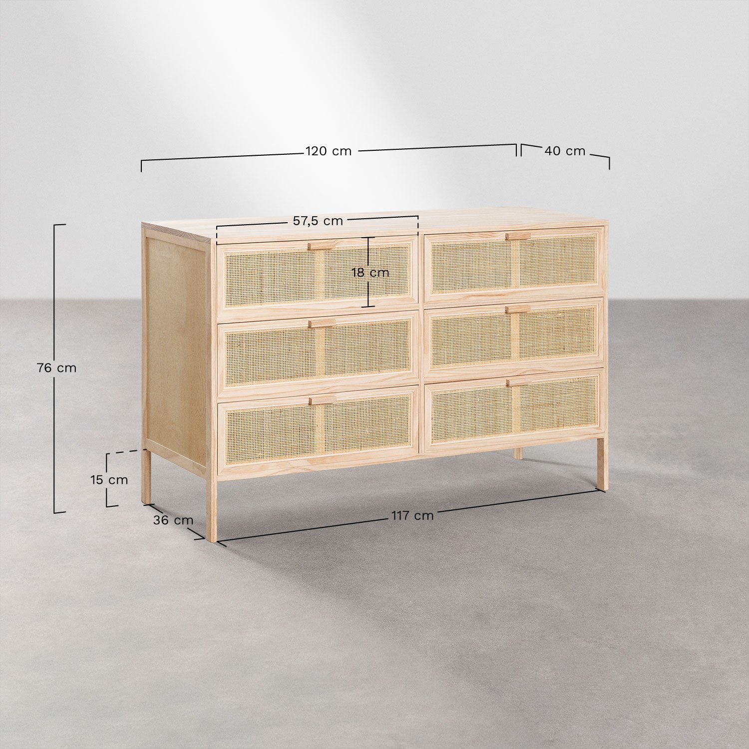 Rattan and Wood Chest of Drawers Reyna Natural Kids, medidas