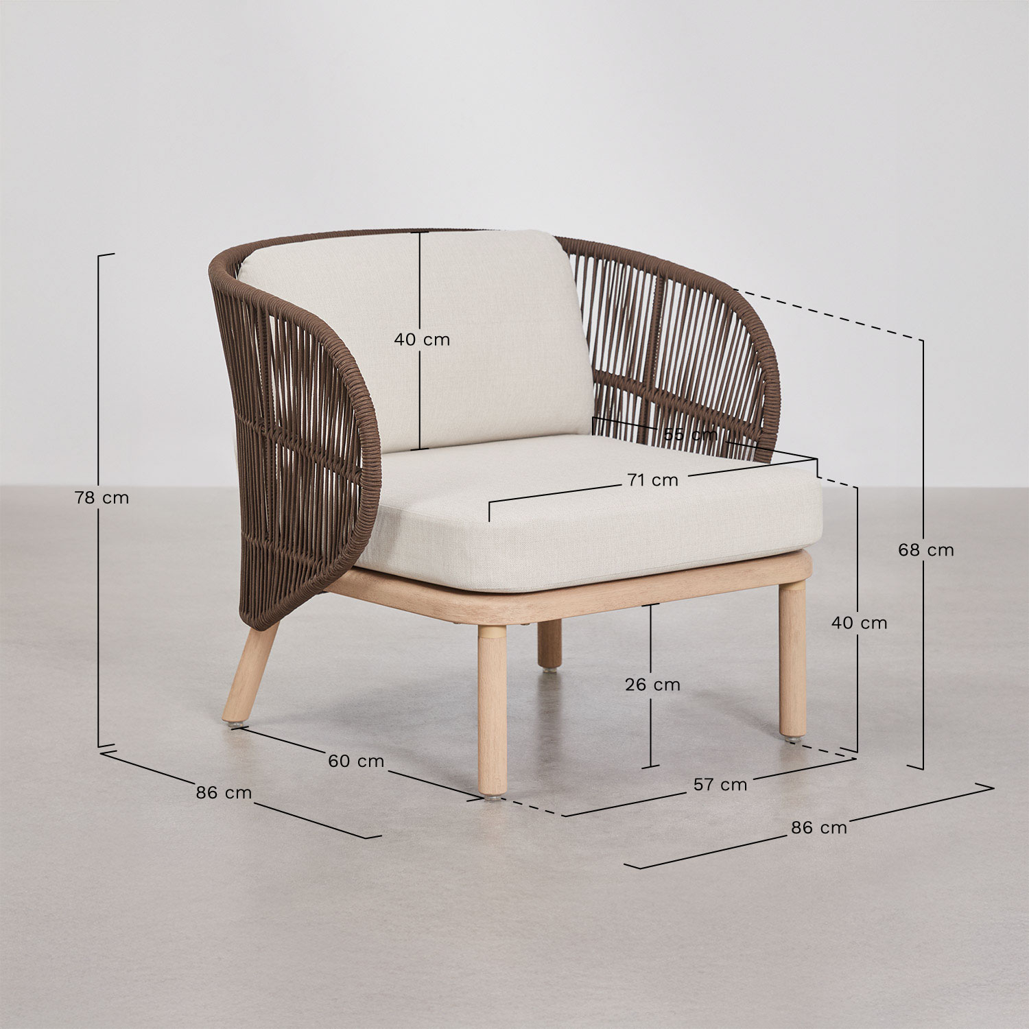 Living room set with 2-seater sofa, 2 Capri braided rope armchairs, and Olivia acacia wood coffee table, medidas