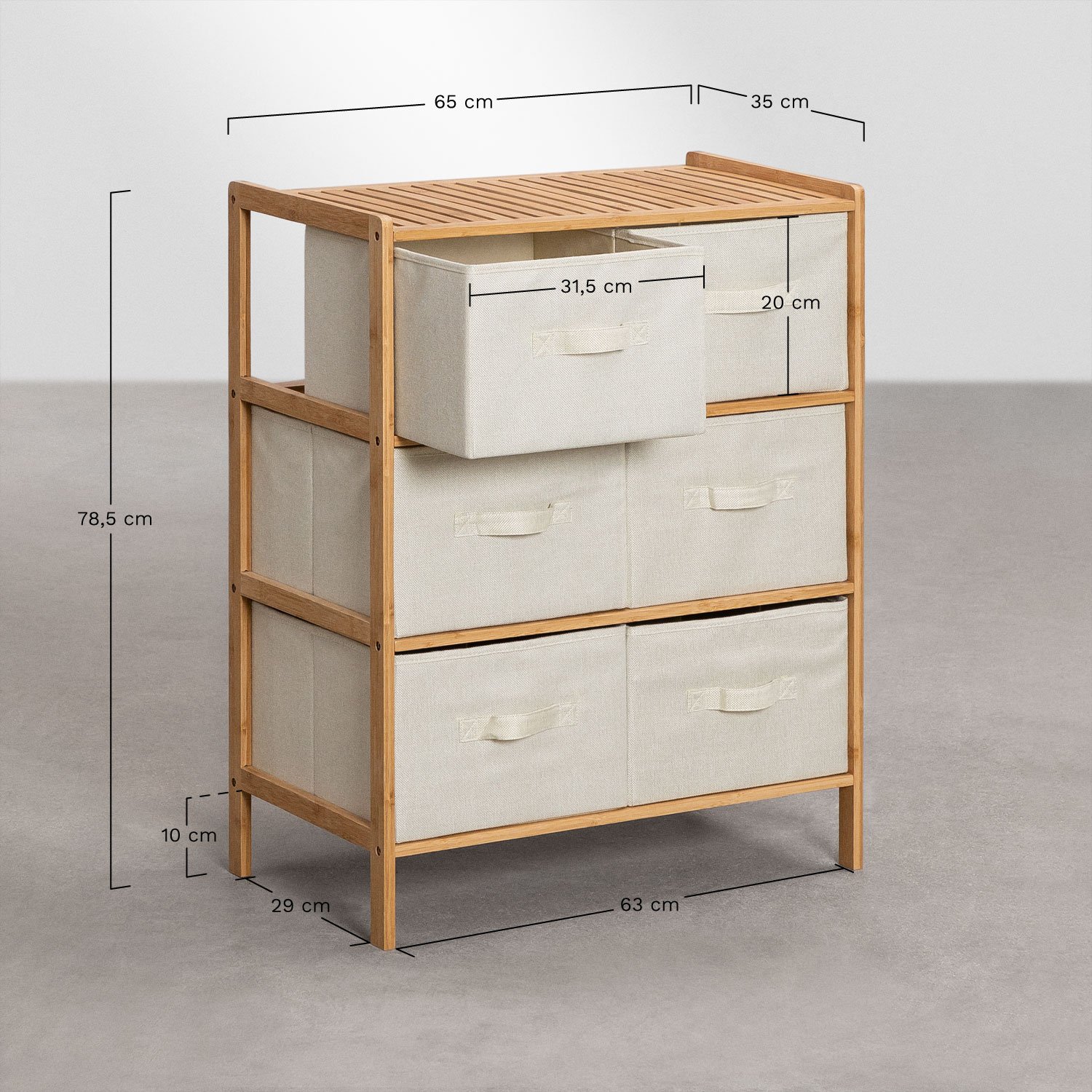 Double 65x35 cm bamboo drawer unit Nafan, medidas