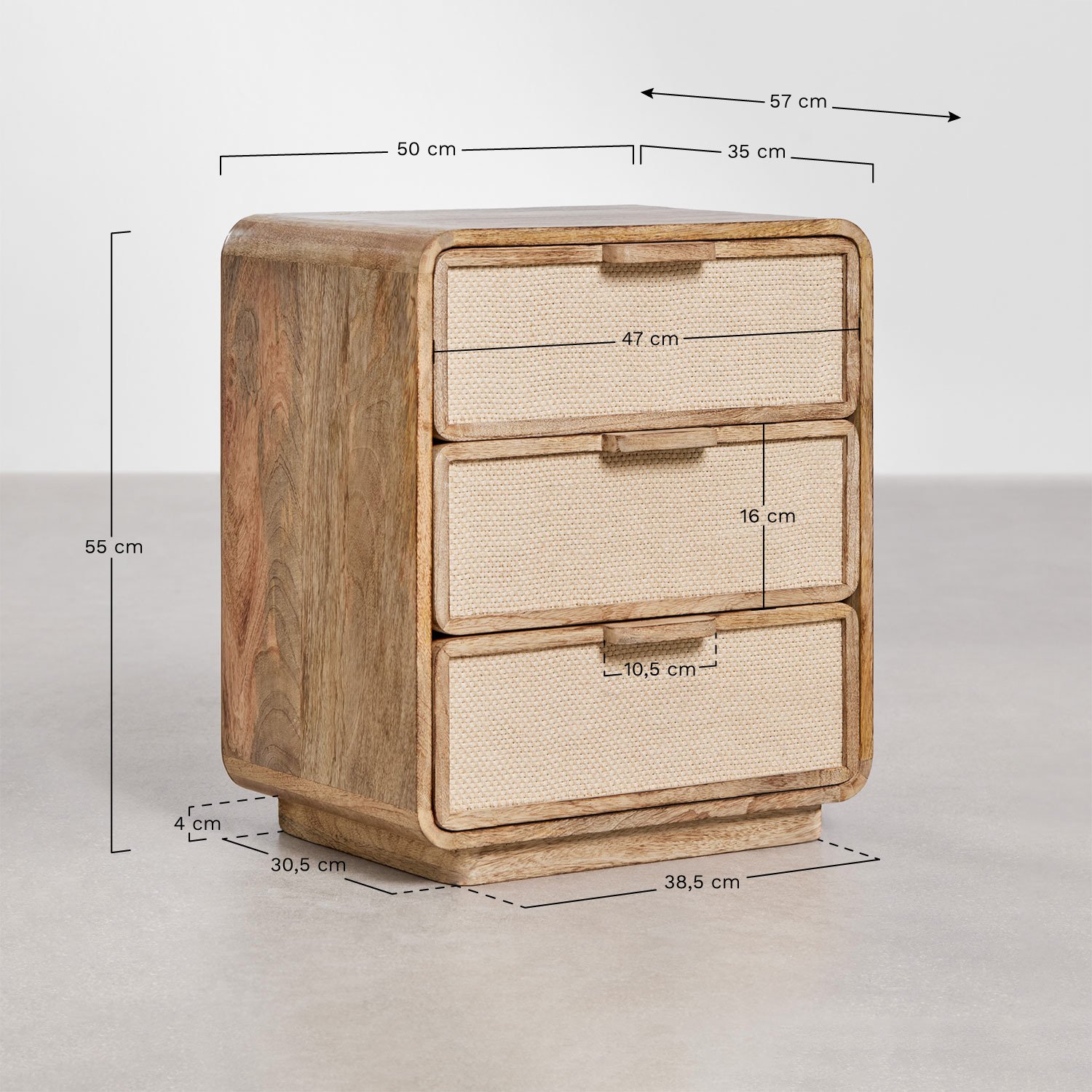 Pack of 2 rectangular nightstands 50x35 cm in mango wood, MDF, and jute Abrams, medidas