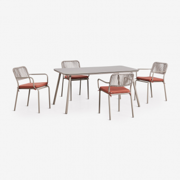Rectangular Table Set 160x90 Cm And 4 Stackable Garden Chairs In Braided Rope Arhiza Mocha Brown - Terracotta - Sklum