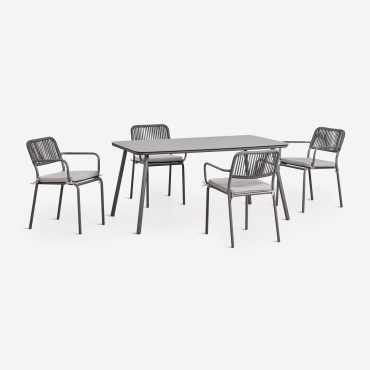 Rectangular Table Set 160x90 Cm And 4 Stackable Dining Chairs In Braided Rope Arhiza Grey Graphite - Sklum