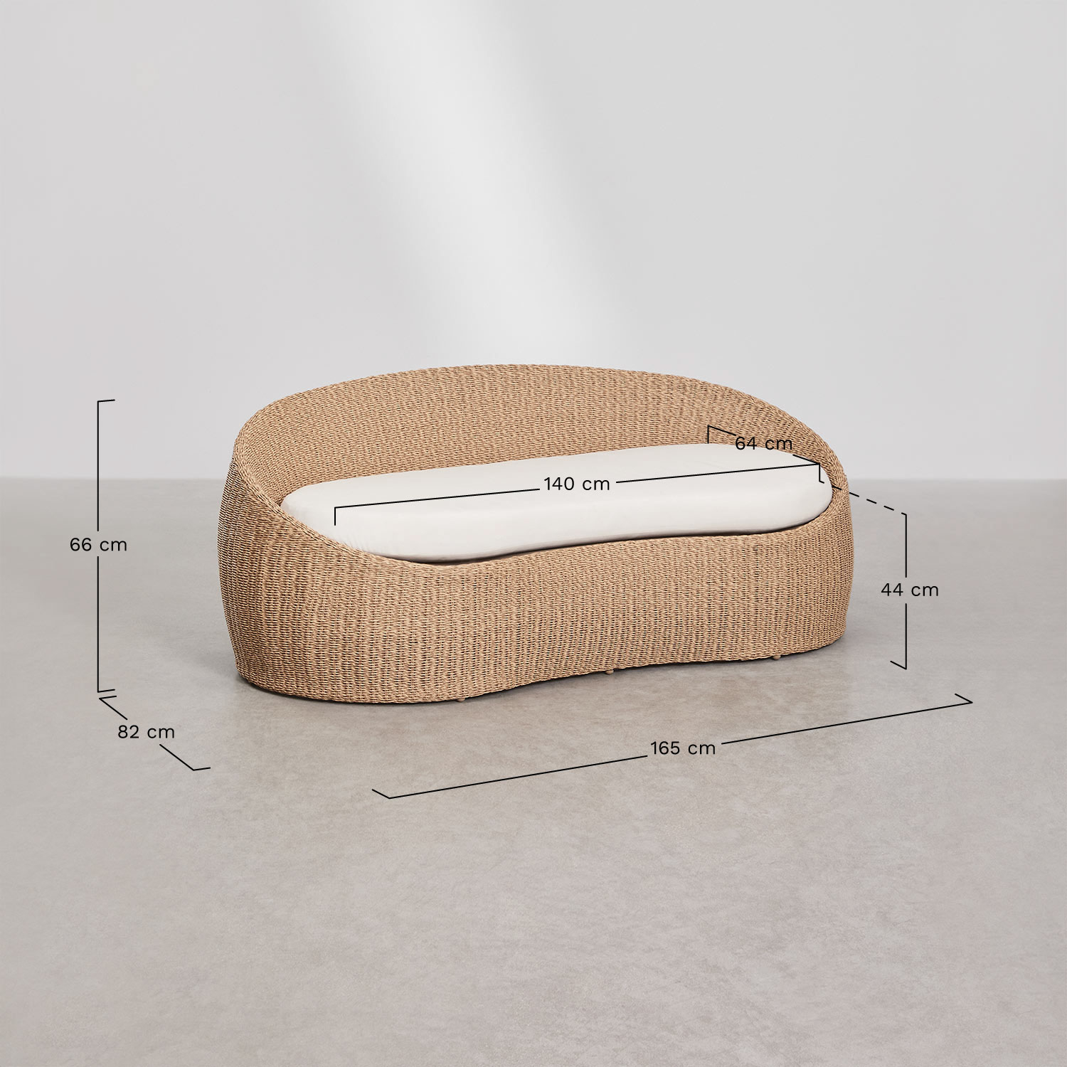 Clarnyx acacia wood and rattan garden set with 3-seater sofa and coffee table, medidas