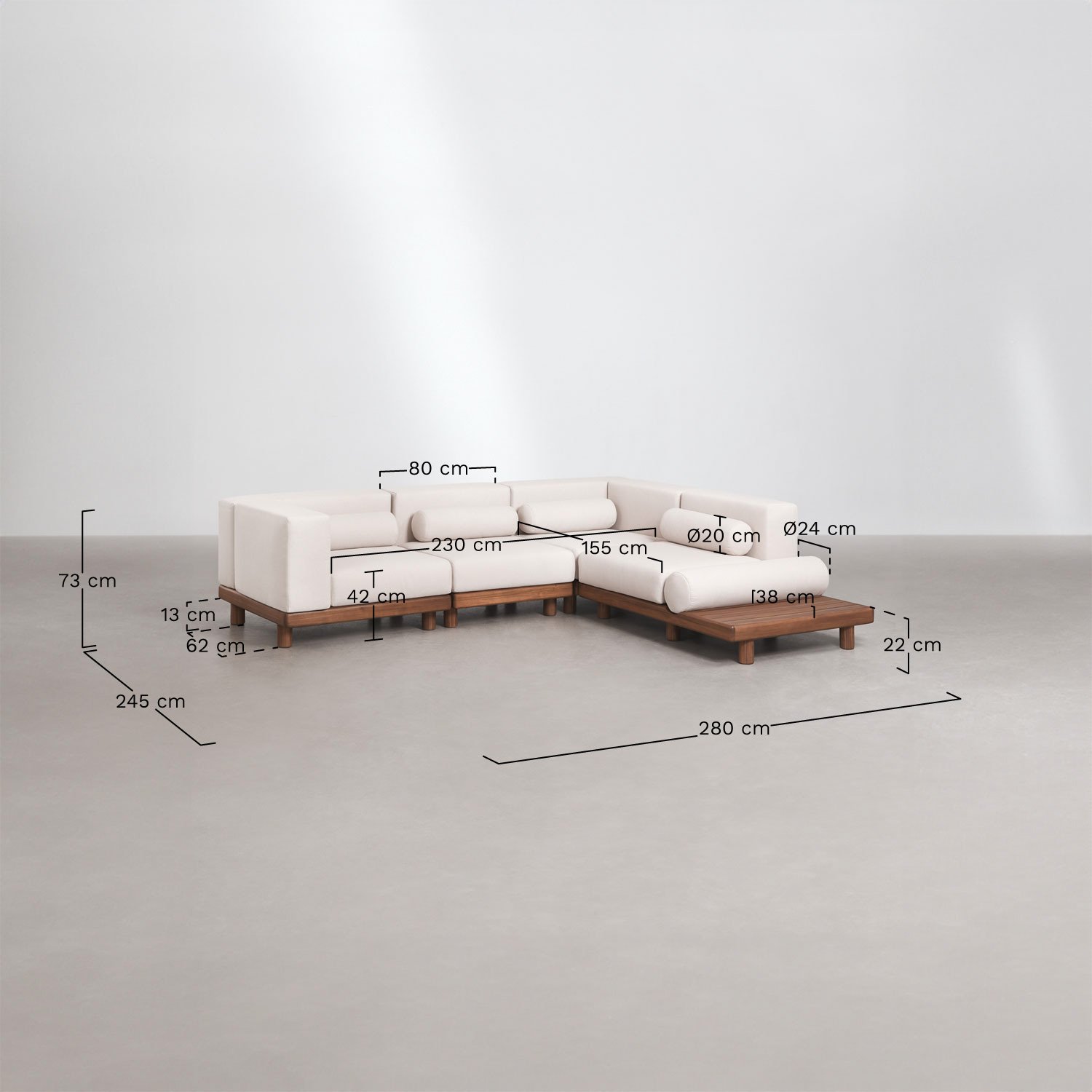 4-piece garden corner modular sofa with 2 corner modules and side auxiliary table in acacia Edrien, medidas