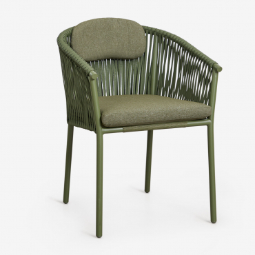 Pack Of 4 Stackable Garden Chairs With Armrests In Aluminum And Ondina Braided Rope Deep Olive Green - Sklum