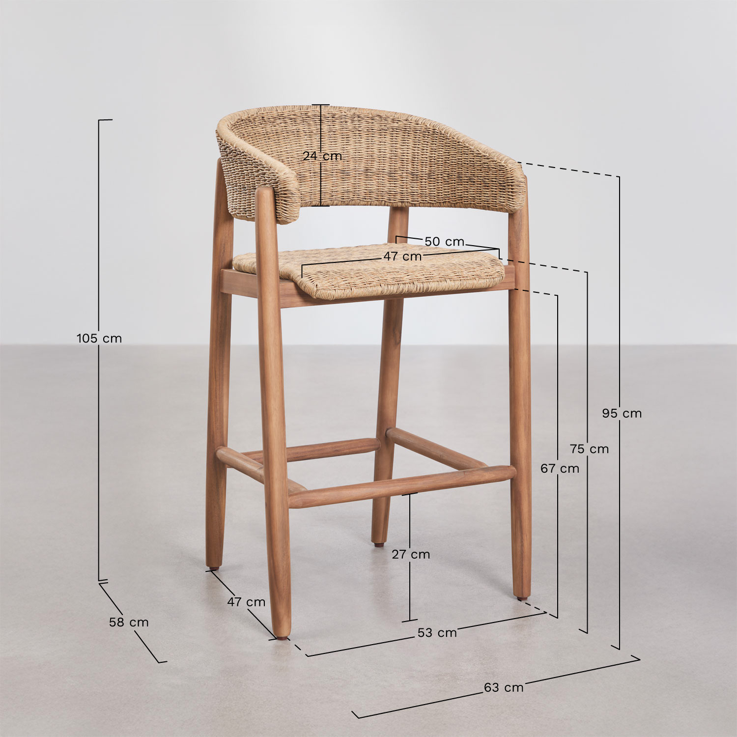 High stool in acacia wood and synthetic rattan Ribeira, medidas