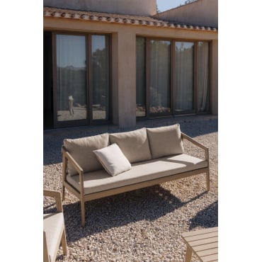 3-seater Garden Sofa In Acacia Wood And Braided Rope Kaela Light Brown Acacia & Fabric Sand Brown - Sklum