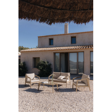 Garden Set With 2-seater Sofa, 2 Armchairs, And Coffee Table In Acacia Wood And Braided Rope Kaela Light Brown Acacia & Fabric Sand Brown - Sklum