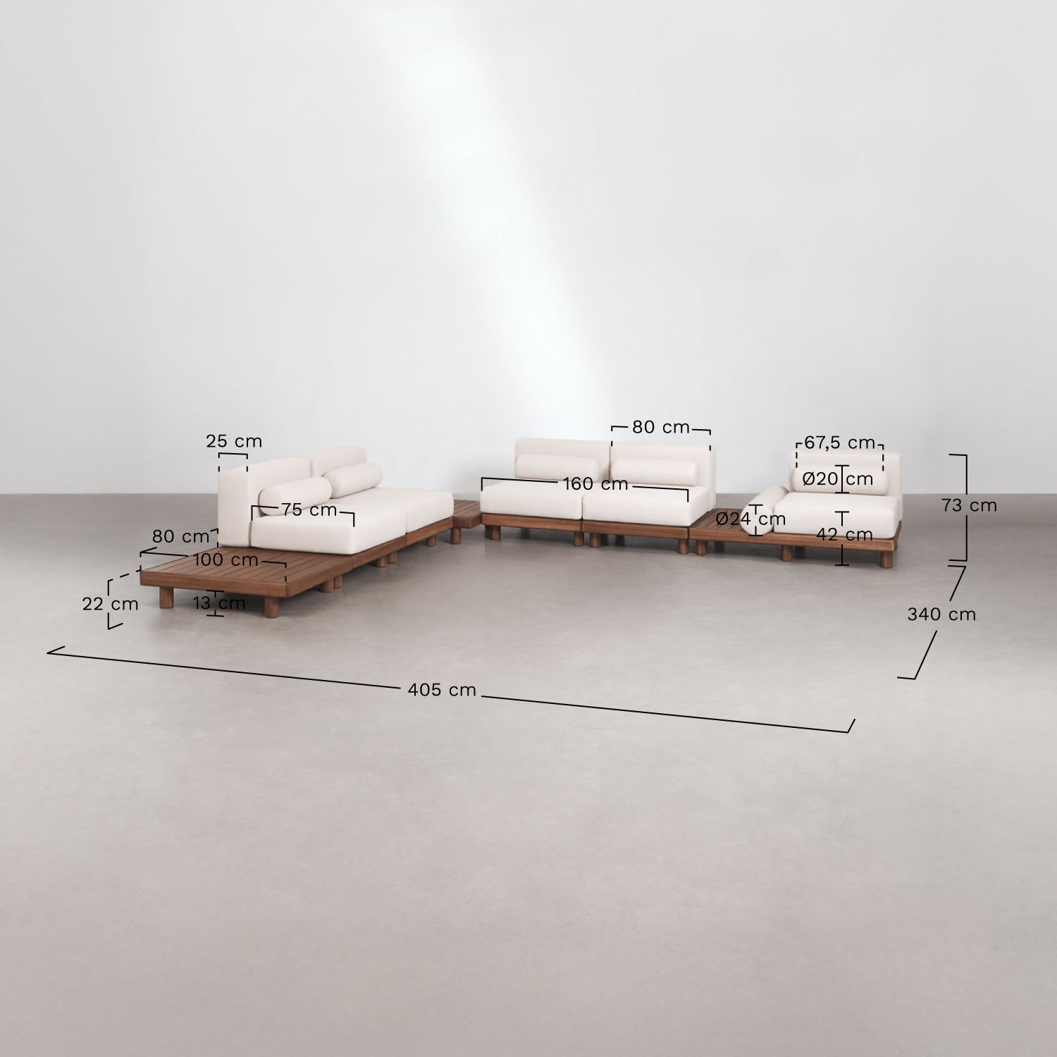 Edrien 5-piece corner modular sofa garden set with side table and 3 acacia coffee tables, medidas