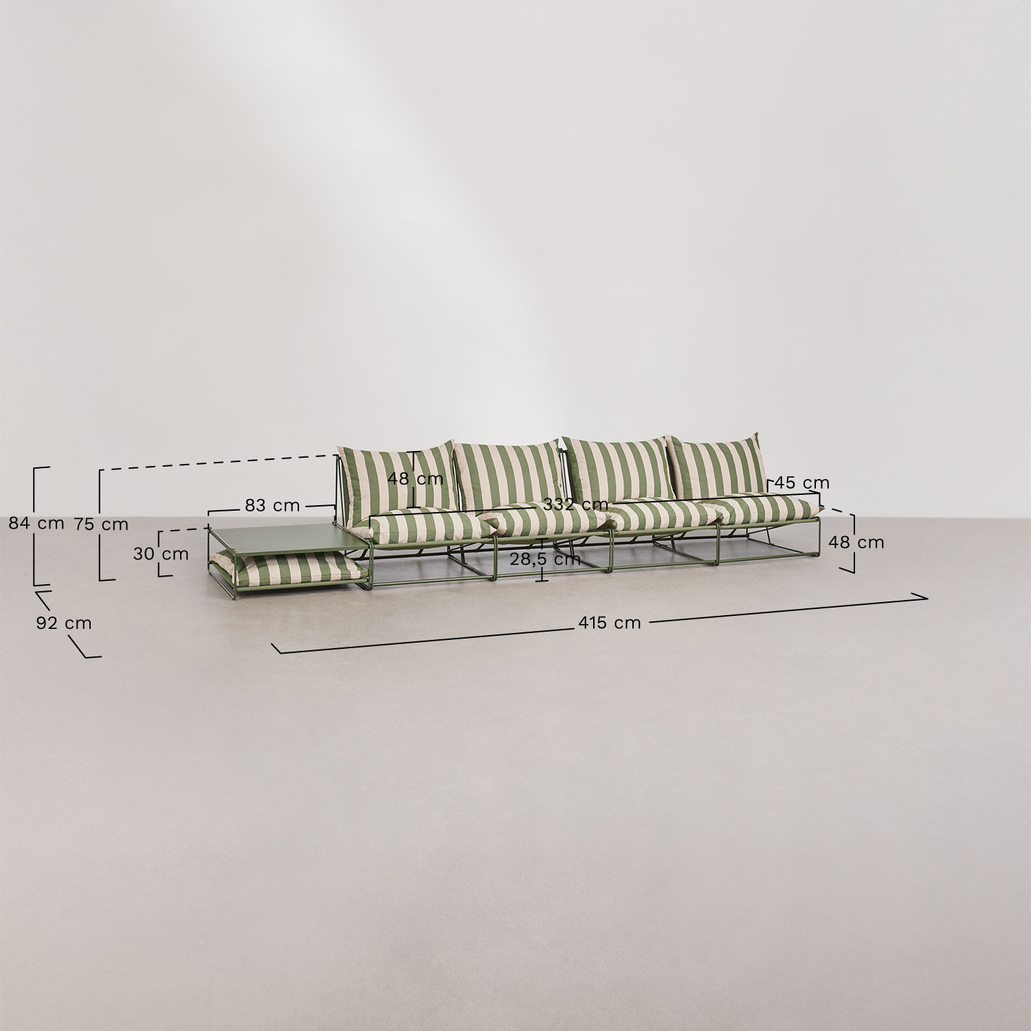 Amaro 4-piece modular sofa garden set with convertible side table, medidas