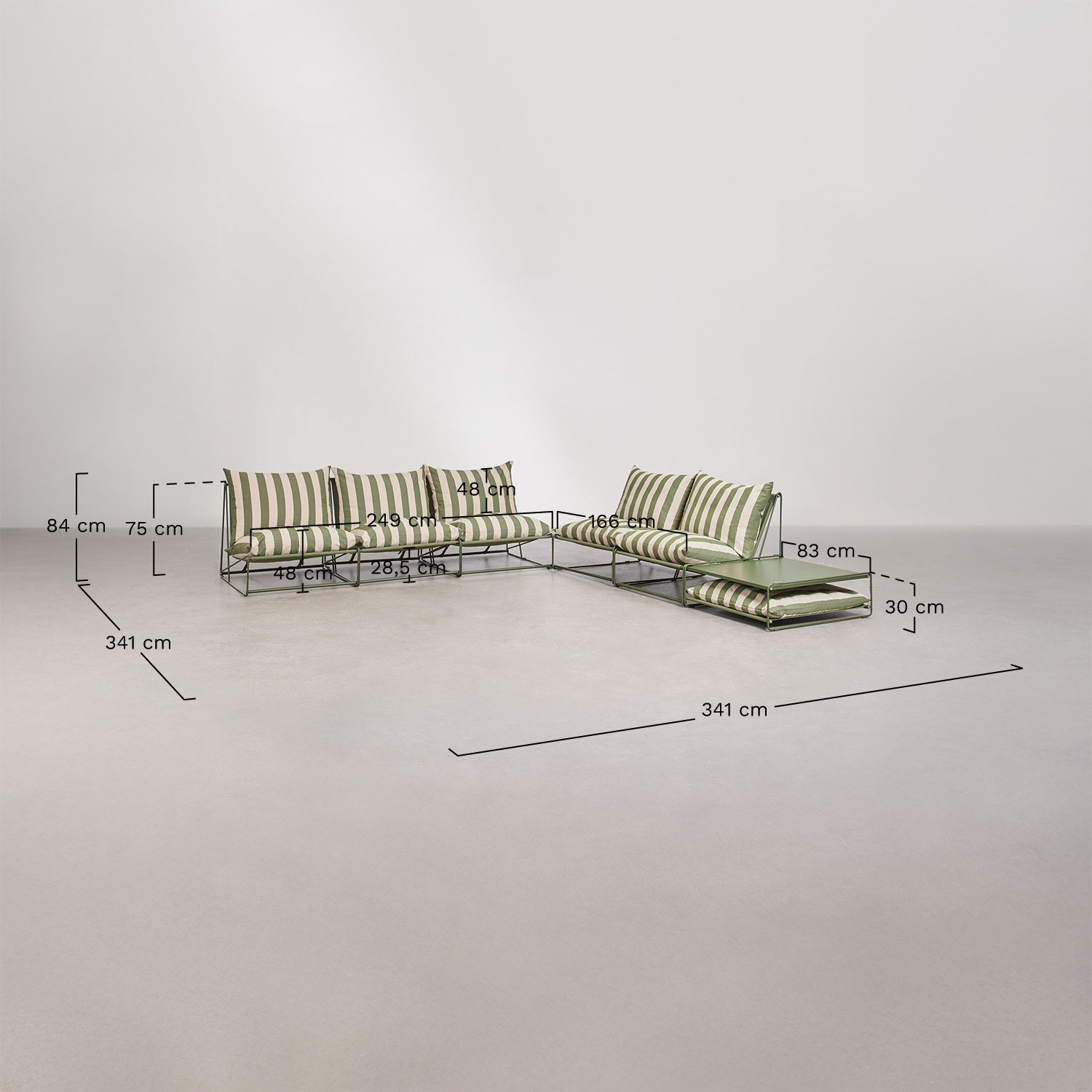 Amaro garden set with 2 modular sofas of 2 and 3 pieces and 2 convertible side tables, medidas