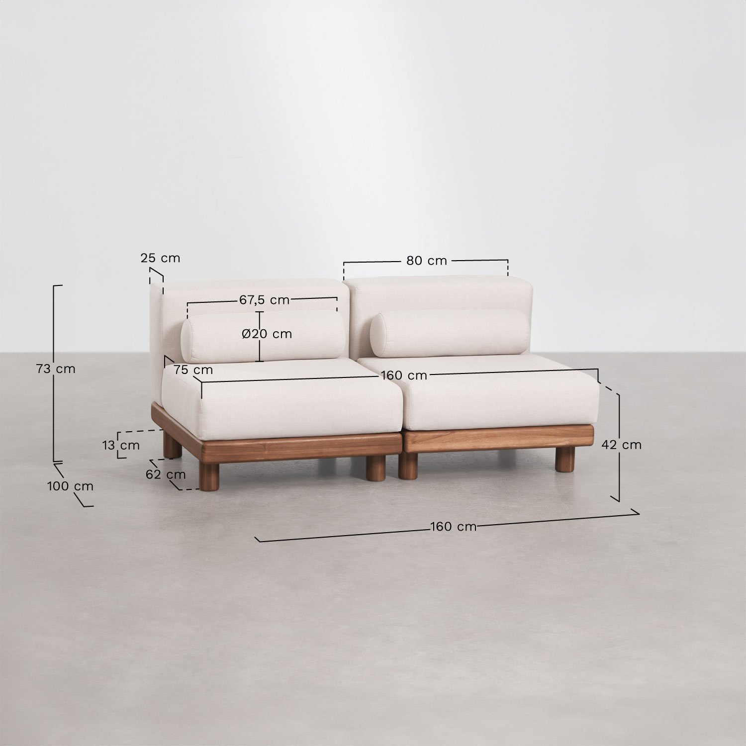 Edrien acacia 2-piece modular sofa and coffee table garden set, medidas