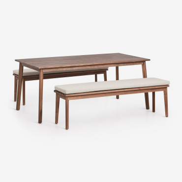 Rectangular Dining Table Set 180x90 Cm With 2 Acacia Wood Dining Benches Kaela Dark Acacia Brown & Hazelnut Brown Fabric - Sklum