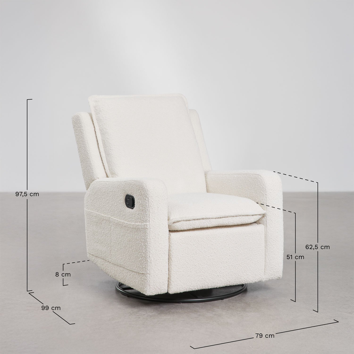 Recliner and swivel armchair in Nolon bouclé fabric, medidas