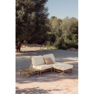 2-piece Modular Sofa Garden Set, Pouf, And Square Bamboo Coffee Table Isendra Fabric White - Sklum