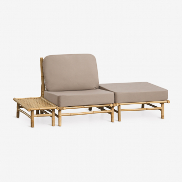 Isendra Bamboo Garden Set With Armchair, Pouf, And Rectangular Side Table 75x40 Cm Mocha Brown Fabric - Sklum