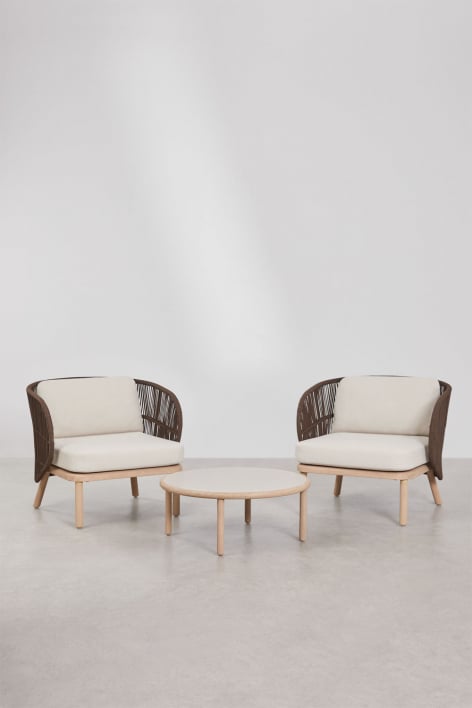 Living room set with 2 Capri braided rope armchairs and Olivia acacia wood coffee table