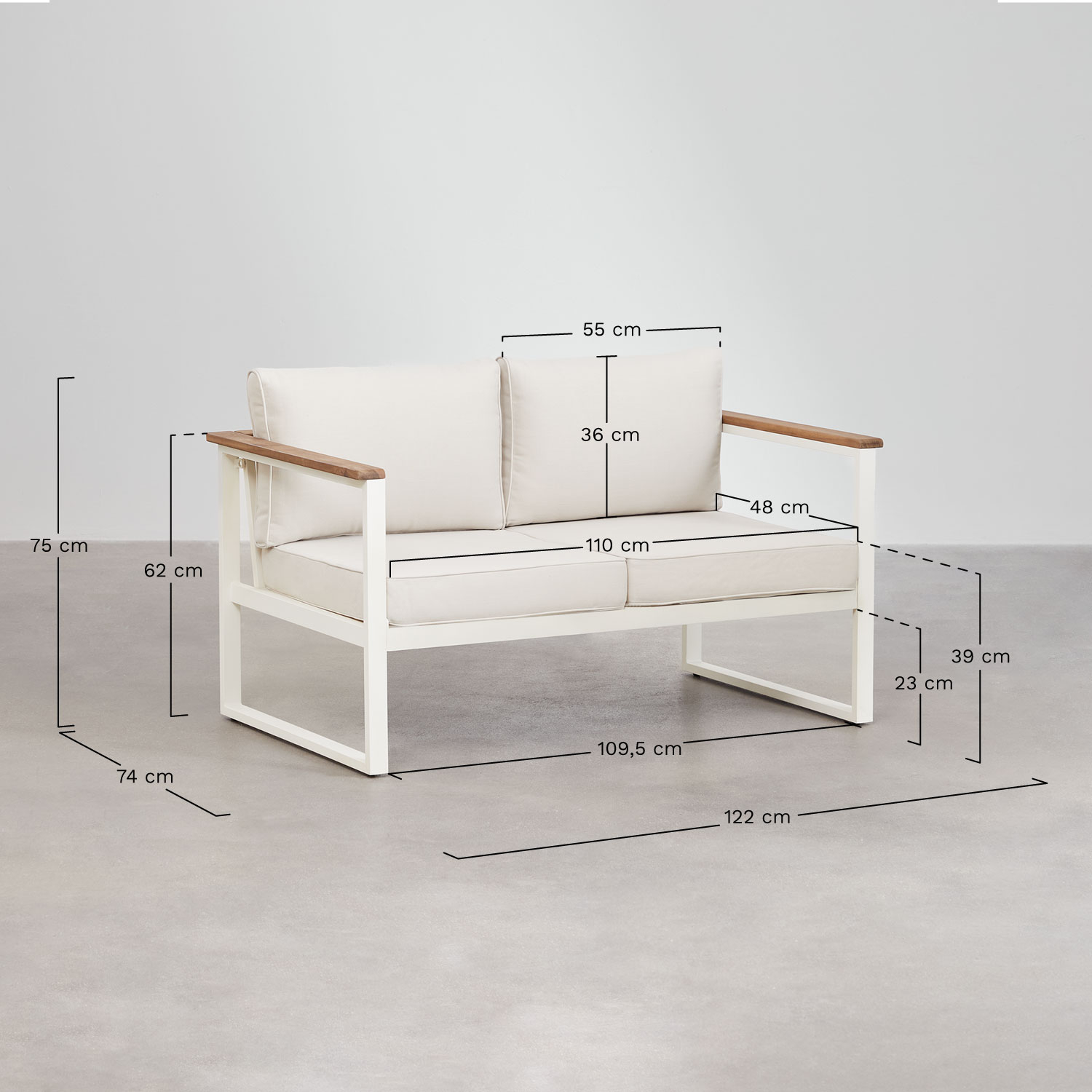 2-seater sofa garden set with 110x55cm aluminum coffee table Lipov, medidas