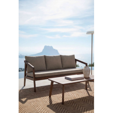 3-seater Garden Sofa In Acacia Wood Kaela Dark Acacia Brown & Hazelnut Brown Fabric - Sklum