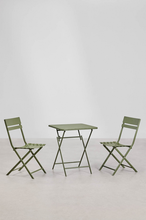 Square folding 60x60 cm table set and 2 Tamarit steel dining chairs - Deep Olive Green 