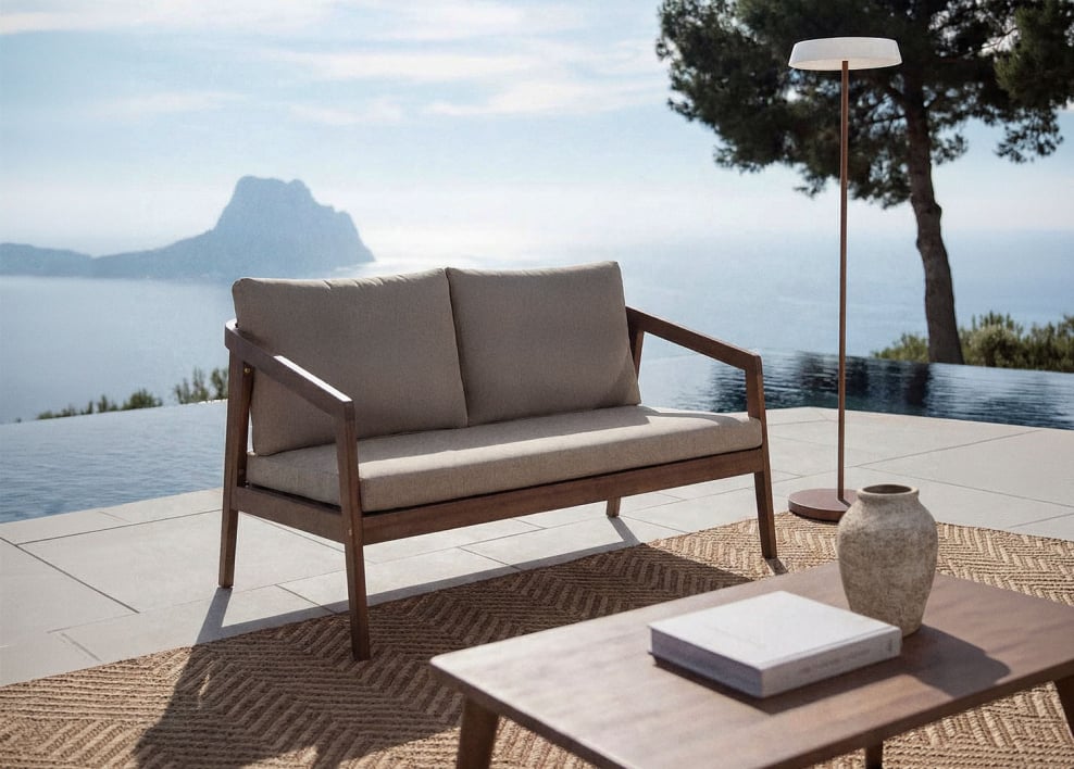 2-seater garden sofa in acacia wood Kaela - Hazelnut Brown Fabric