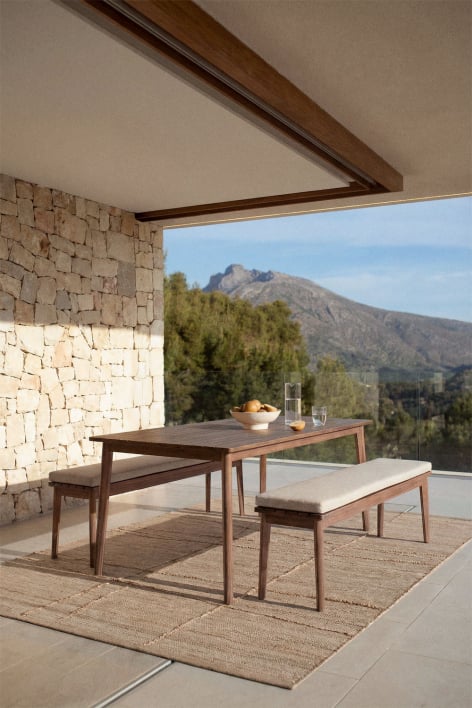 Rectangular table set 180x90 cm and 2 garden benches in acacia wood Kaela