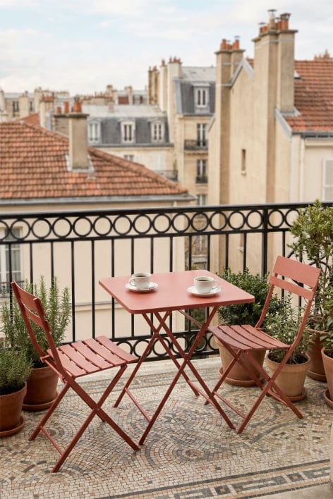 Square folding 60x60 cm table set with 2 garden chairs in Tamarit steel
