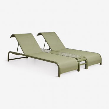 Set Of 2 Reclining Loungers And Side Table In Marietta Steel Deep Olive Green - Sklum