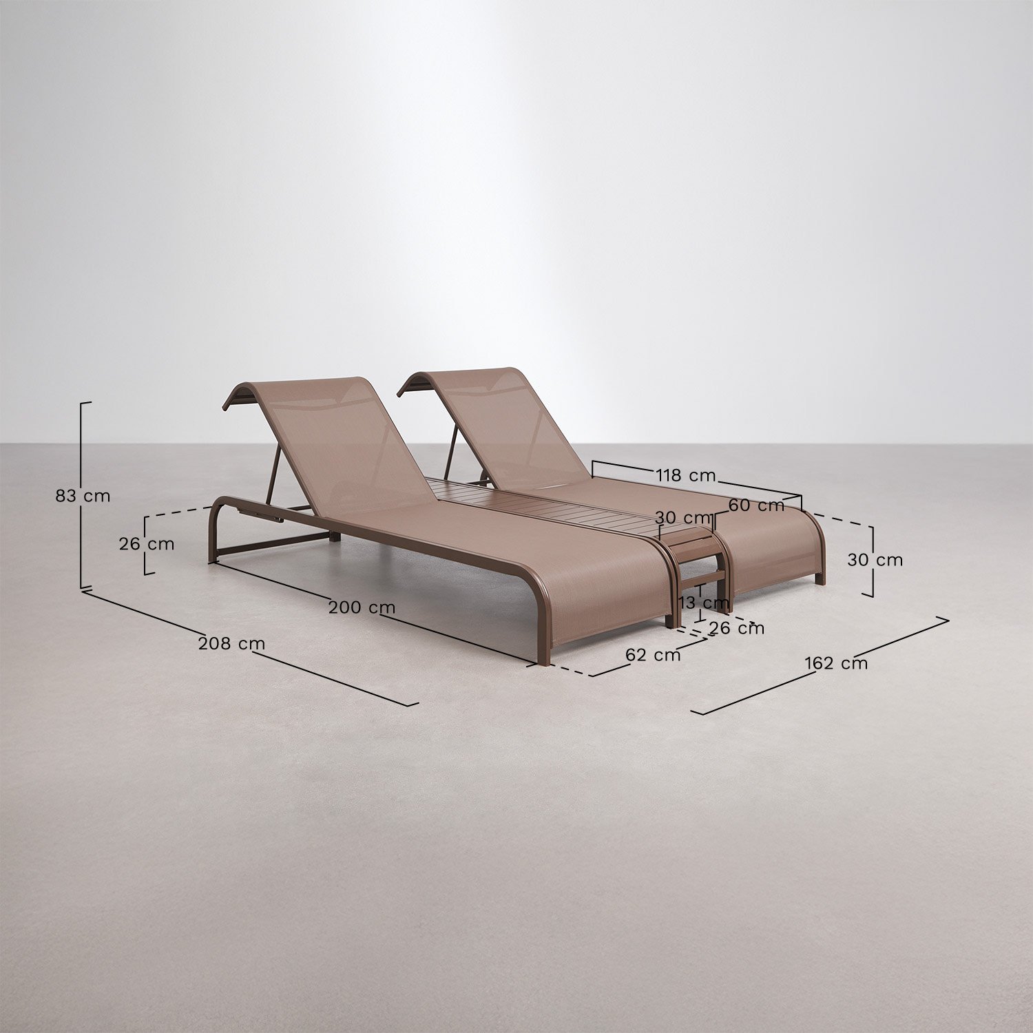 Set of 2 reclining loungers and side table in Marietta steel, medidas