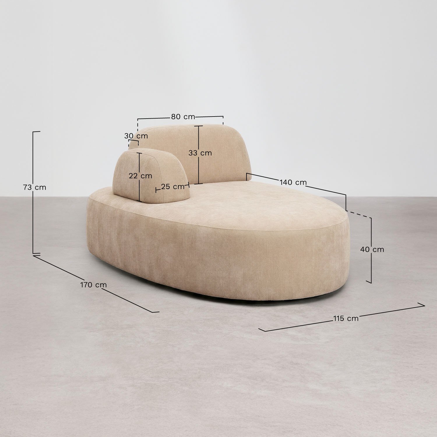 Left chaise longue module with armrest for Giorgia upholstered modular sofa, medidas