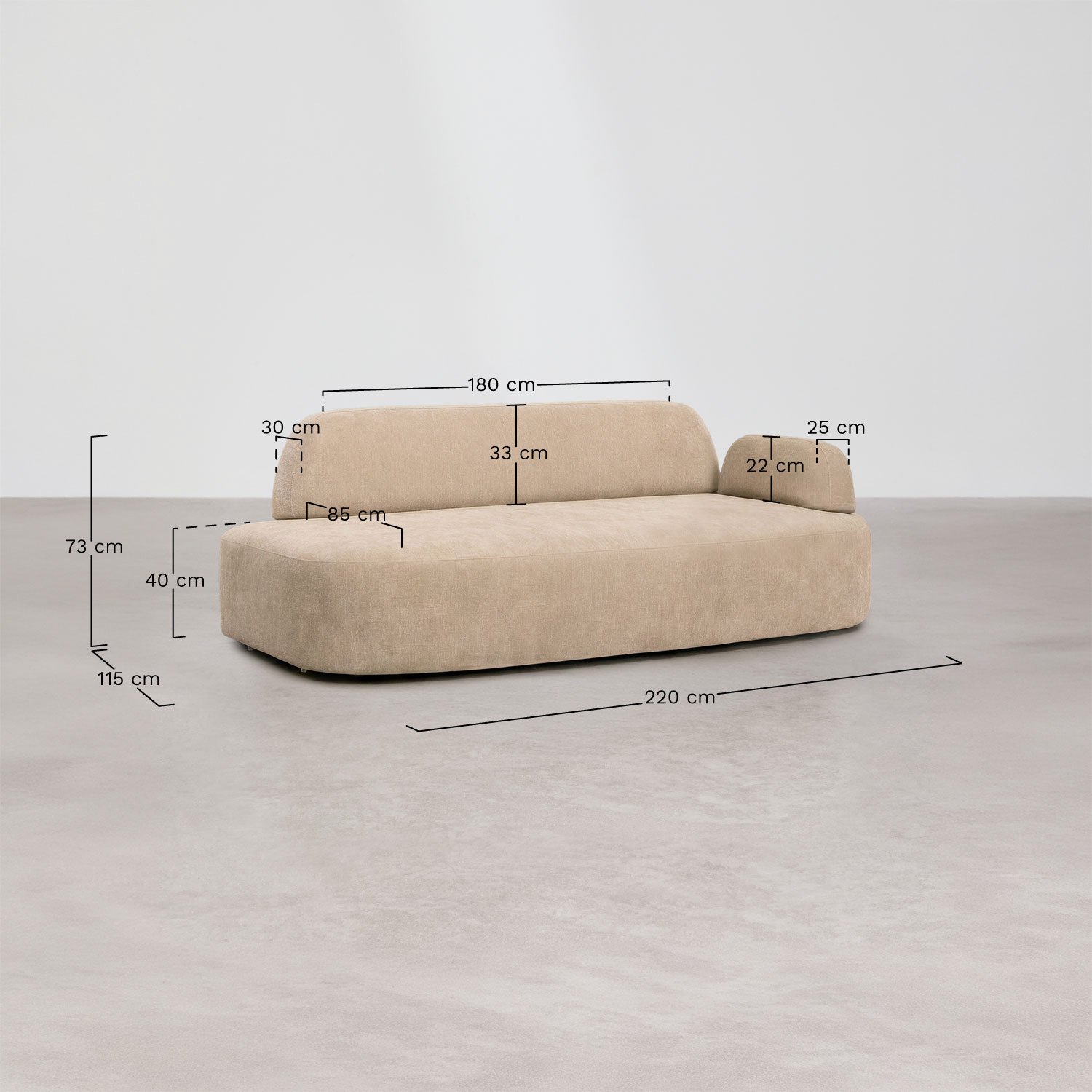 Right corner module with upholstered armrest Giorgia, medidas