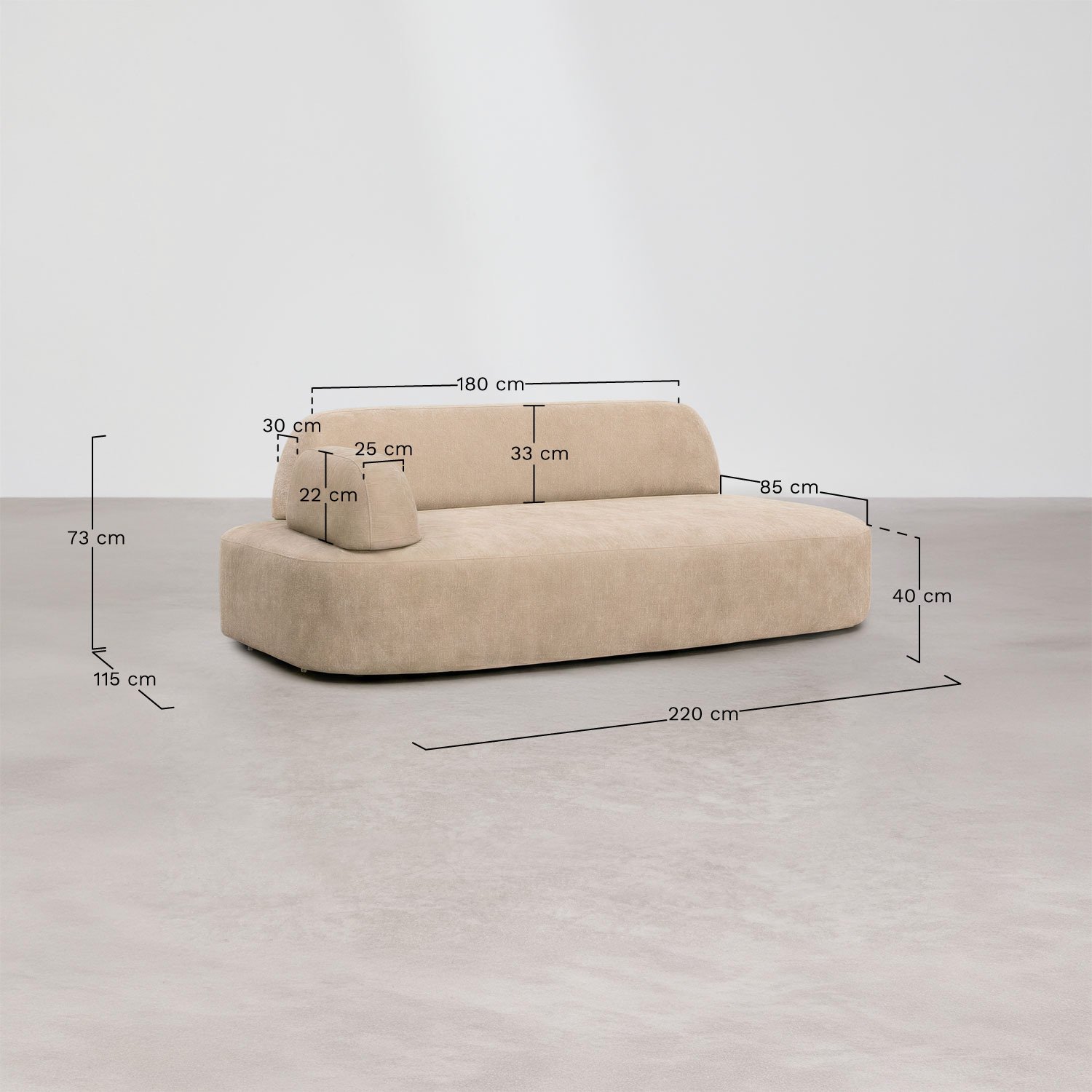 Left corner module with upholstered armrest Giorgia, medidas