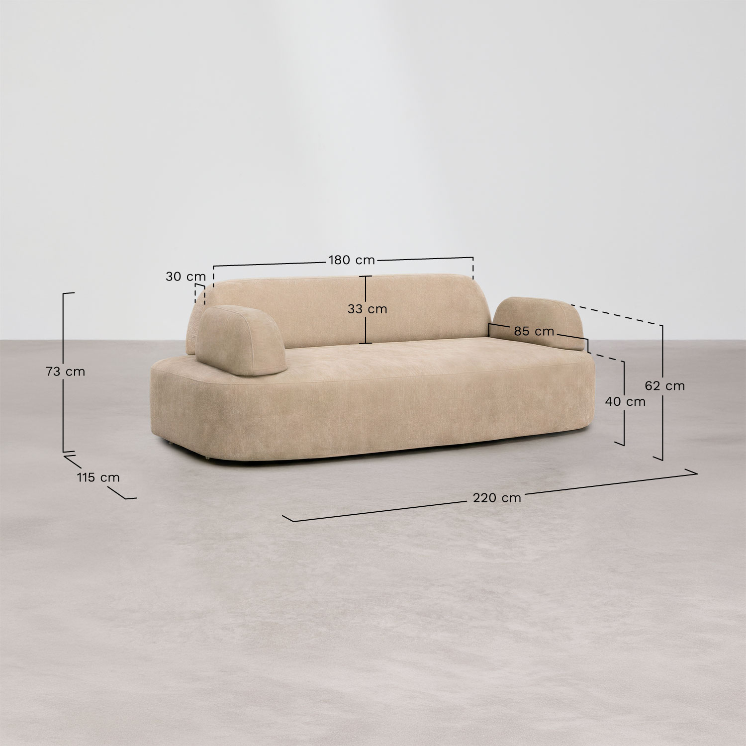 2-seater modular sofa with upholstered armrest Giorgia, medidas