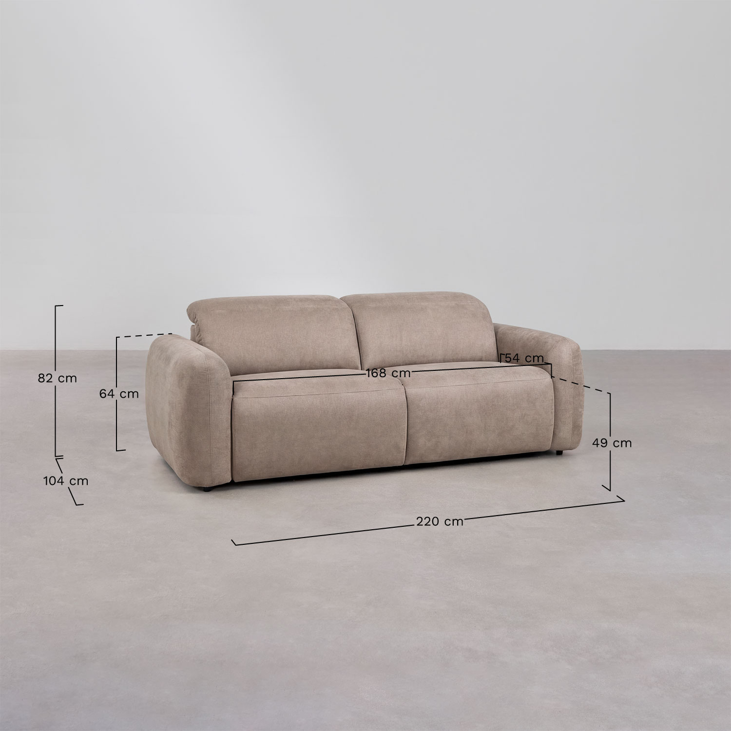 Peggy upholstered 2-seater electric reclining sofa, medidas